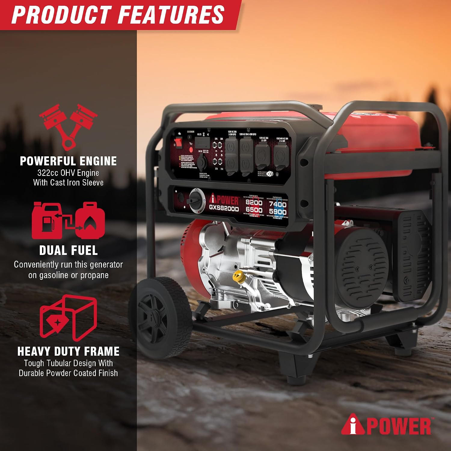 A-iPower 8200W Portable Generator Dual Fuel, Gas and Propane Powered Power Supplies with 322cc OHV Engine, CO Sensor, Heavy Duty Generators For Jobsite, RV, Whole House Backup Emergency