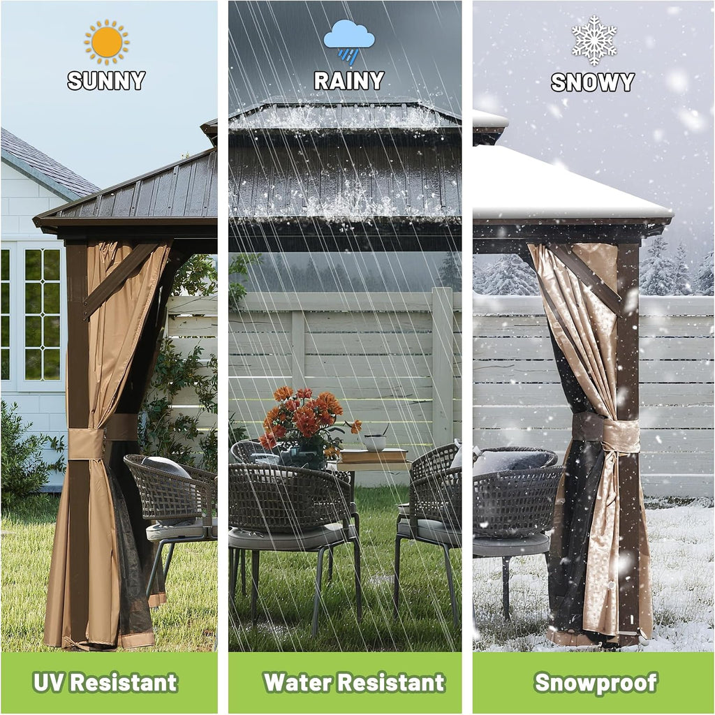 Hardtop Gazebo 8x10 FT, Metal Outdoor Gazebos with Galvanized Steel Double Roof, Curtains and Nettings, Permanent Gazebo Pavilion for Patio Wedding, Party, Outdoor Dining -Brown