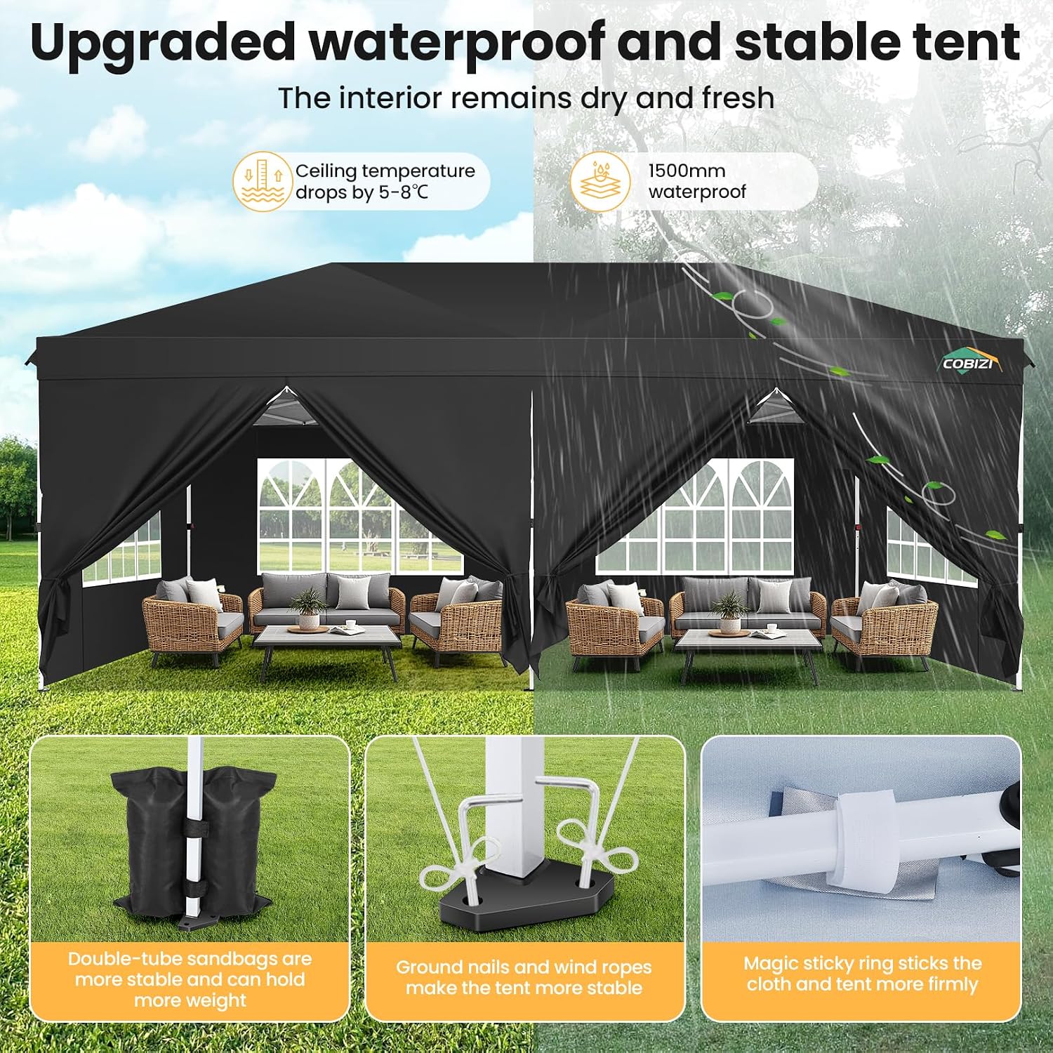 COBIZI 10x20 Pop Up Canopy Tent, One Push Easy Up Gazebo with 6 Removable Sidewalls & Air Vent, Waterproof UV50+ Commercial Canopy with 4 Sandbags, Stakes & Ropes for Parties/Wedding/Backyard, Black