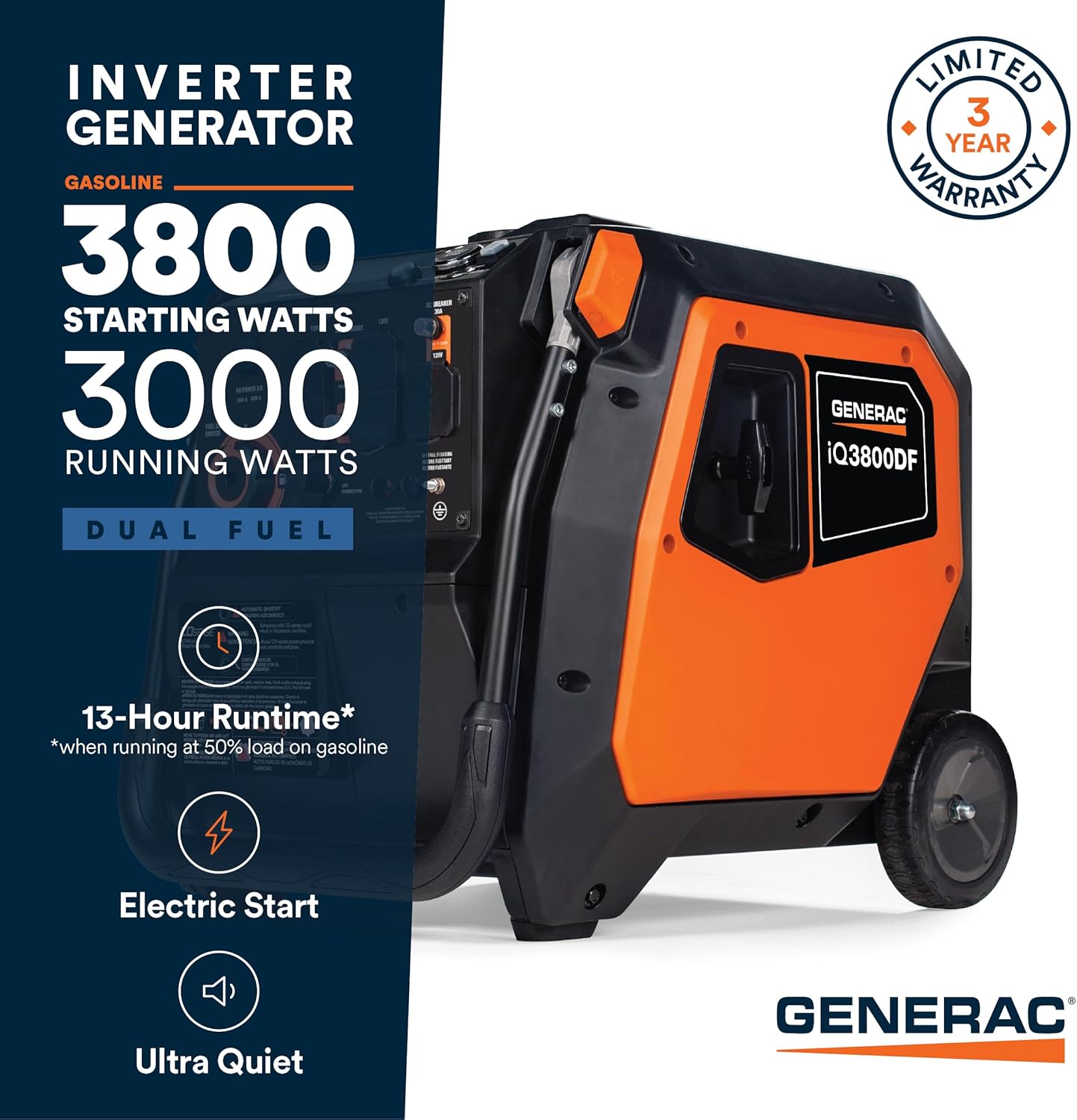 Generac 3,800-Watt Dual-Fuel Portable Inverter Generator - Gas and Propane Compatible - Quiet Operation - Clean, Stable Power - Great for Home Backup, Camping, and RV Use