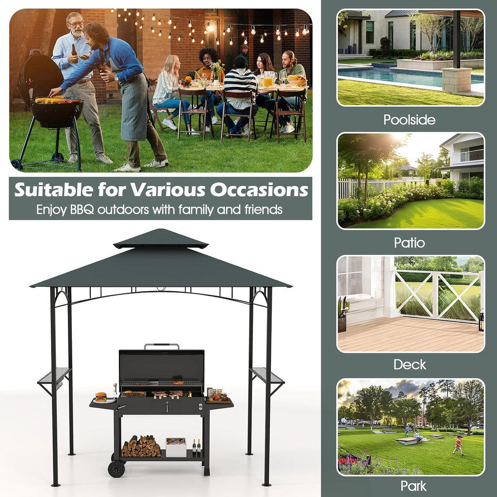 Tangkula 8x5 Ft Grill Gazebo, 2-Tier Barbecue Gazebo with 2 Shelves, 7 Hooks, Metal Frame, Outdoor Grill Canopy for Backyard Garden Poolside (Grey)