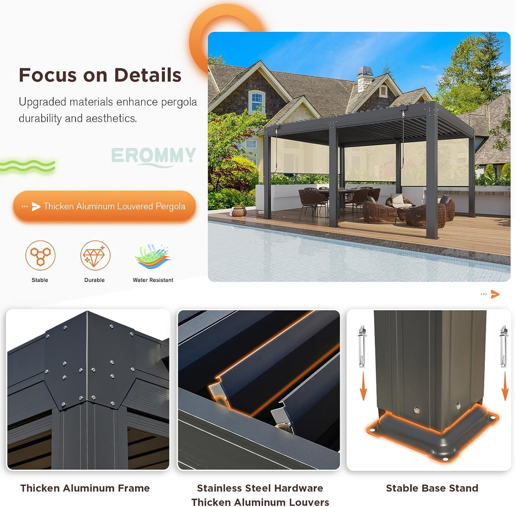 EROMMY 12x16 Louvered Pergola with Side Pull-Down Screen, Outdoor Aluminum Pergola with Thickened Frame and Adjustable Metal Rainproof Roof for Deck Patio Garden Yard, Black-Gray