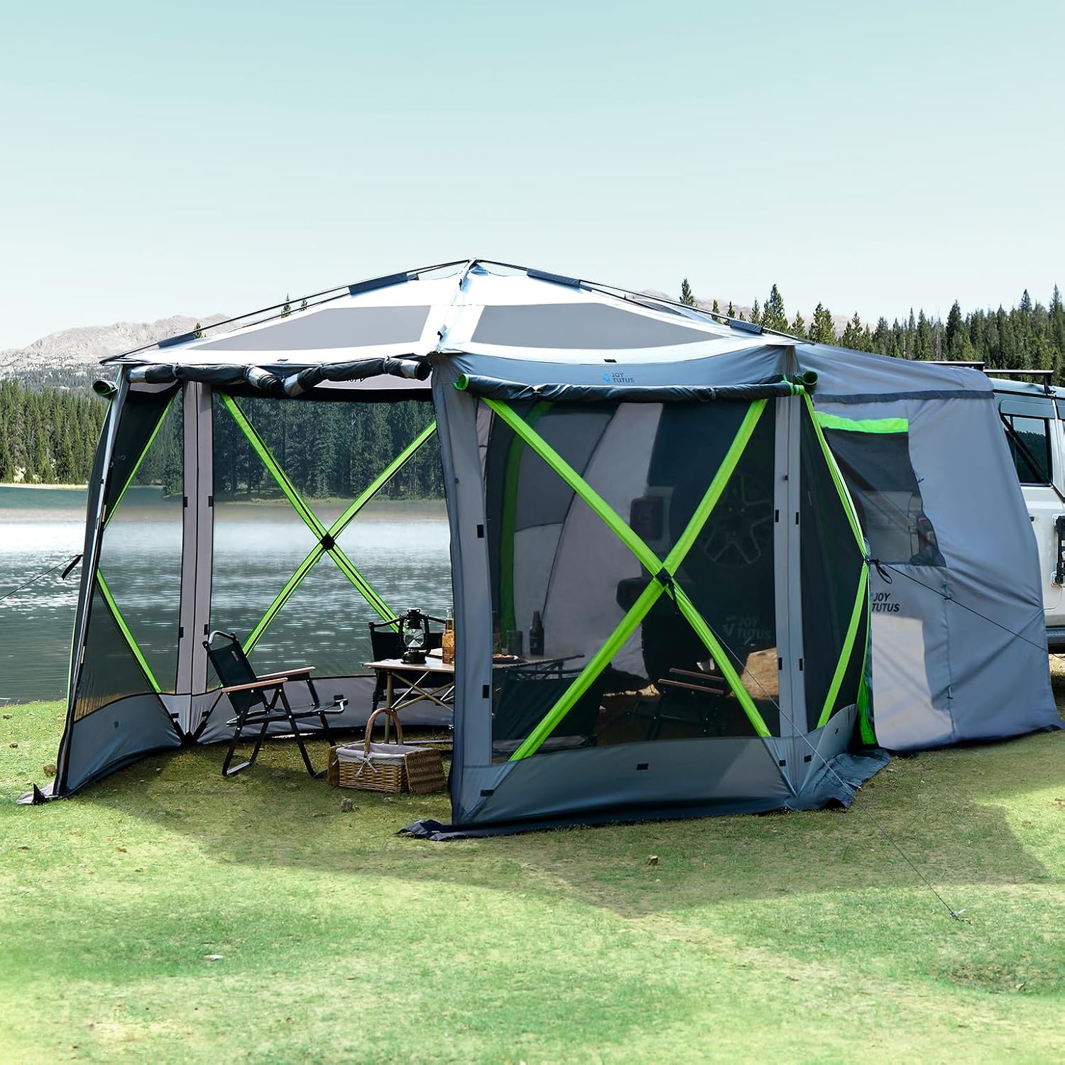 JOYTUTUS Dual-Use Pop up SUV Tent for Camping, 11x11 FT for Family, SUV Tailgate Tent for Vehicle Camping, Outdoor Gazebo, Canopy Shelter Portable Carry Bag, Grey Green