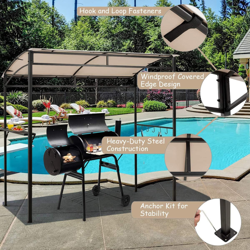 LDAILY Grill Gazebo, 7x4.4ft BBQ Canopy Shelter with Storage Shelf and Hooks, Heavy-Duty Steel Frame, Grill Pergola with Bottle Opener Notch, Small Gazebo for Backyard, Patio, Garden (Beige)