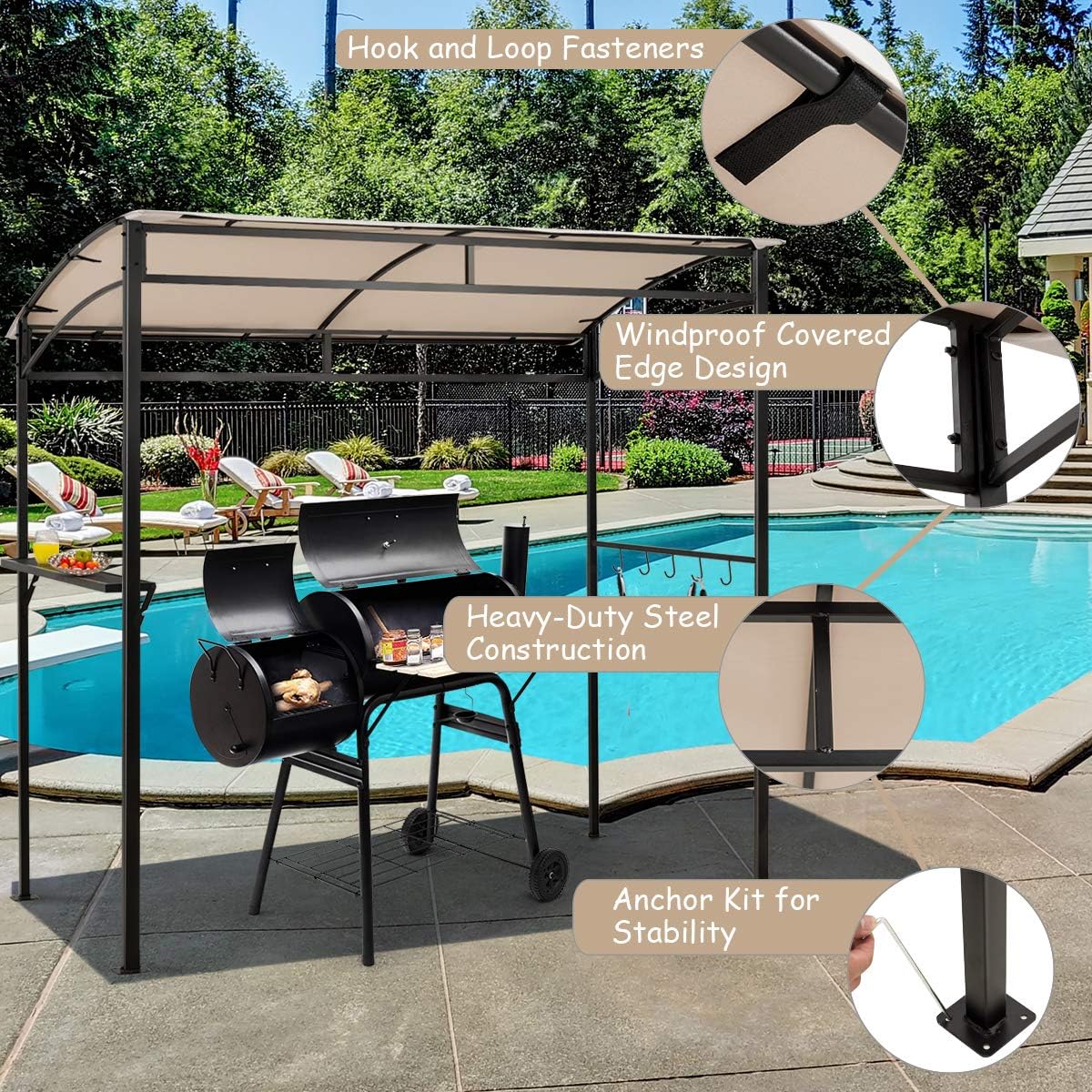 LDAILY Grill Gazebo, 7x4.4ft BBQ Canopy Shelter with Storage Shelf and Hooks, Heavy-Duty Steel Frame, Grill Pergola with Bottle Opener Notch, Small Gazebo for Backyard, Patio, Garden (Beige)