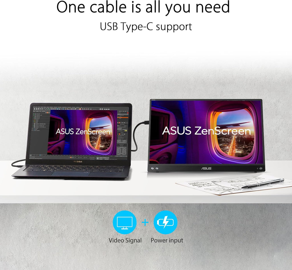 ASUS ZenScreen 15.6' 1080P USB-C Portable Monitor Setup for Laptop/Mac (MB16AHV) - FHD, IPS, Blue Light Filter, Anti-Glare, Mini HDMI, Kickstand, Tripod Mountable, Protective Sleeve, 3year Warranty
