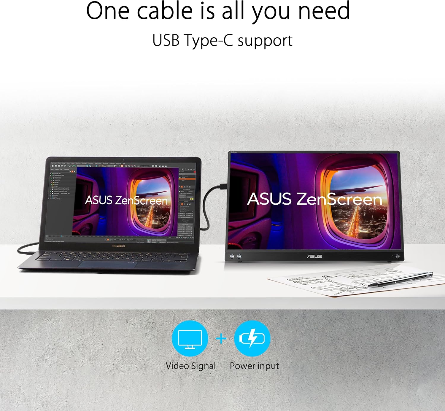 ASUS ZenScreen 15.6' 1080P USB-C Portable Monitor Setup for Laptop/Mac (MB16AHV) - FHD, IPS, Blue Light Filter, Anti-Glare, Mini HDMI, Kickstand, Tripod Mountable, Protective Sleeve, 3year Warranty