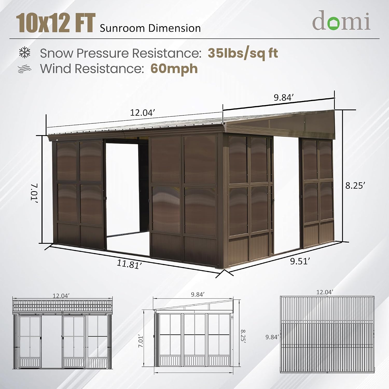 Domi 10x12FT Wall Mounted Sunroom, Against Wall Solarium with Galvanized Steel Sloping Roof, Detachable PVC Screen, Lockable Sliding Door, Lean-to Gazebo Sun Room for Patio Deck