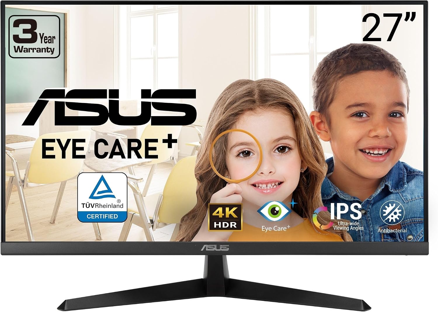 ASUS 27' 4K Eye Care Monitor (VY27UQ) - UHD (3840 x 2160), IPS, HDR10, Adaptive Sync, Eye Care Plus, Display Port, HDMI, Speaker, DisplayWidget, Blue Light Filter, Flicker Free, 3yr Warranty
