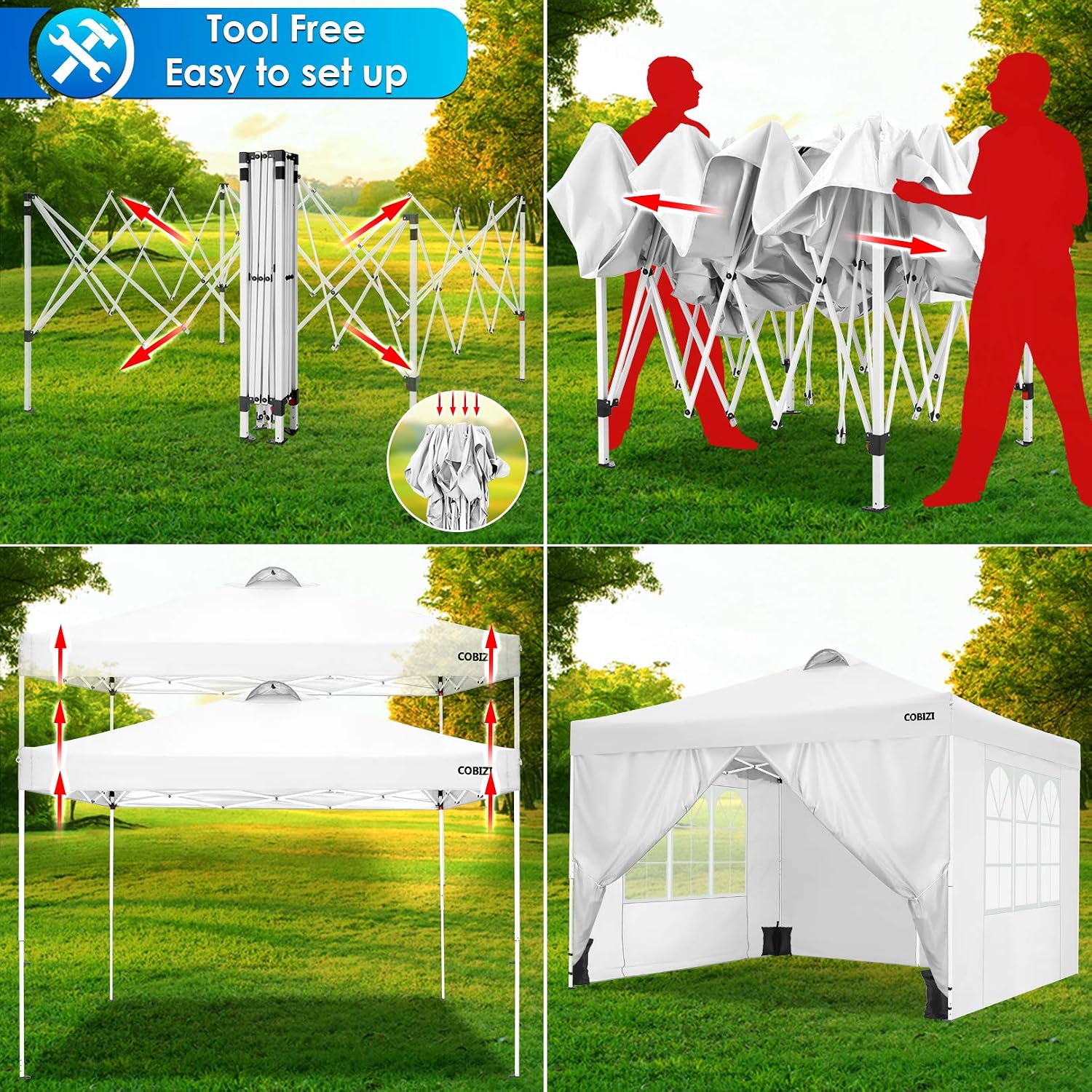 COBIZI Canopy 10'x10' Ez Up Canopy Waterproof Pop up Tent with 4 Removable Sidewalls, Commercial Instant Canopy with Air Vent, 4 Weight Bags, Carry Bag(10x10ft with 4 Sides & 4 Sandbags, Claret)