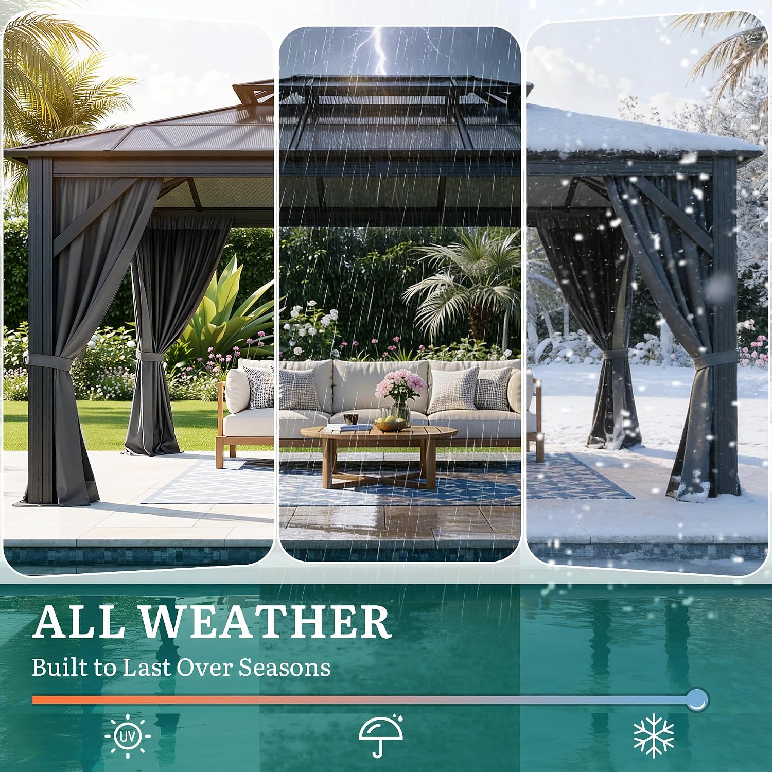 YITAHOME 10X12FT Polycarbonate Gazebo Outdoor Patio Double Top Canopy Galvanized Iron Garden Tent Curtains Netting for Backyards Decks Lawns,Gray
