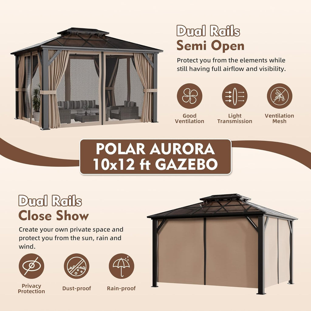 Polar Aurora 10'x12' Gazebo, Outdoor Hardtop Grill Gazebo with Aluminum Frame & Double Polycarbonate Roof 12x10 FT Pergola Include Curtain and Netting for Backyard, Patio, Lawn