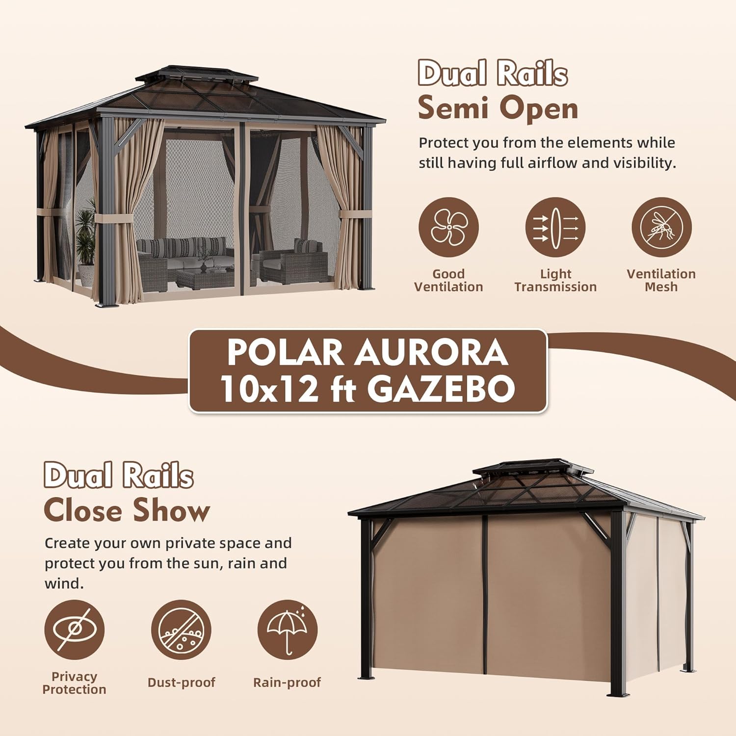 Polar Aurora 10'x12' Gazebo, Outdoor Hardtop Grill Gazebo with Aluminum Frame & Double Polycarbonate Roof 12x10 FT Pergola Include Curtain and Netting for Backyard, Patio, Lawn
