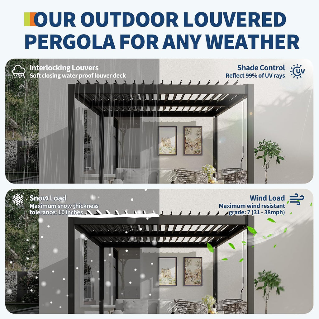 GarveeLife Pergola With Independent Adjustable Rainproof Roof, Louvered Pergola 10x12 for Deck Garden Backyard, Outdoor Aluminum Pergolas With Adjustable Top