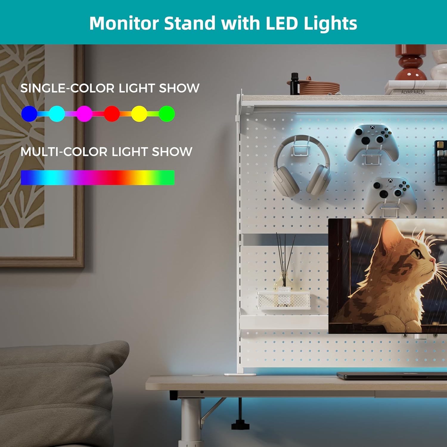 EUREKA ERGONOMIC Desk Pegboard with Dual Monitor Stands, LED Metal Pegboard for Gaming Desk, Privacy Panel with 4 Accessories Modular Hanging, Computer Accessories for Office, 59 x 34 Inch, White