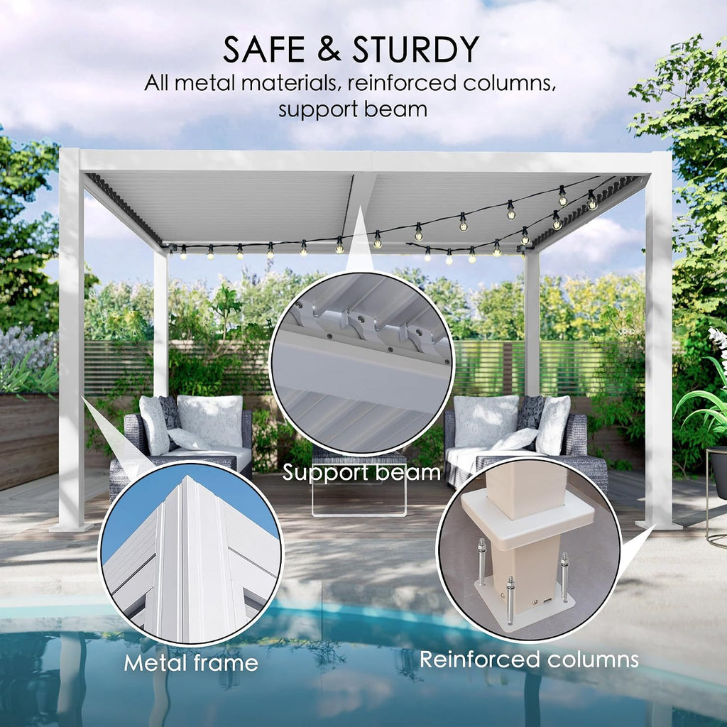 Kozyard Outdoor Louvered Pergola 10' x 12' Pergola Sun Shade All-Weather Aluminum Packing Shelter with Drainage System Adjustable Roof Waterproof for Poolside Balcony Patio Garden Yard White