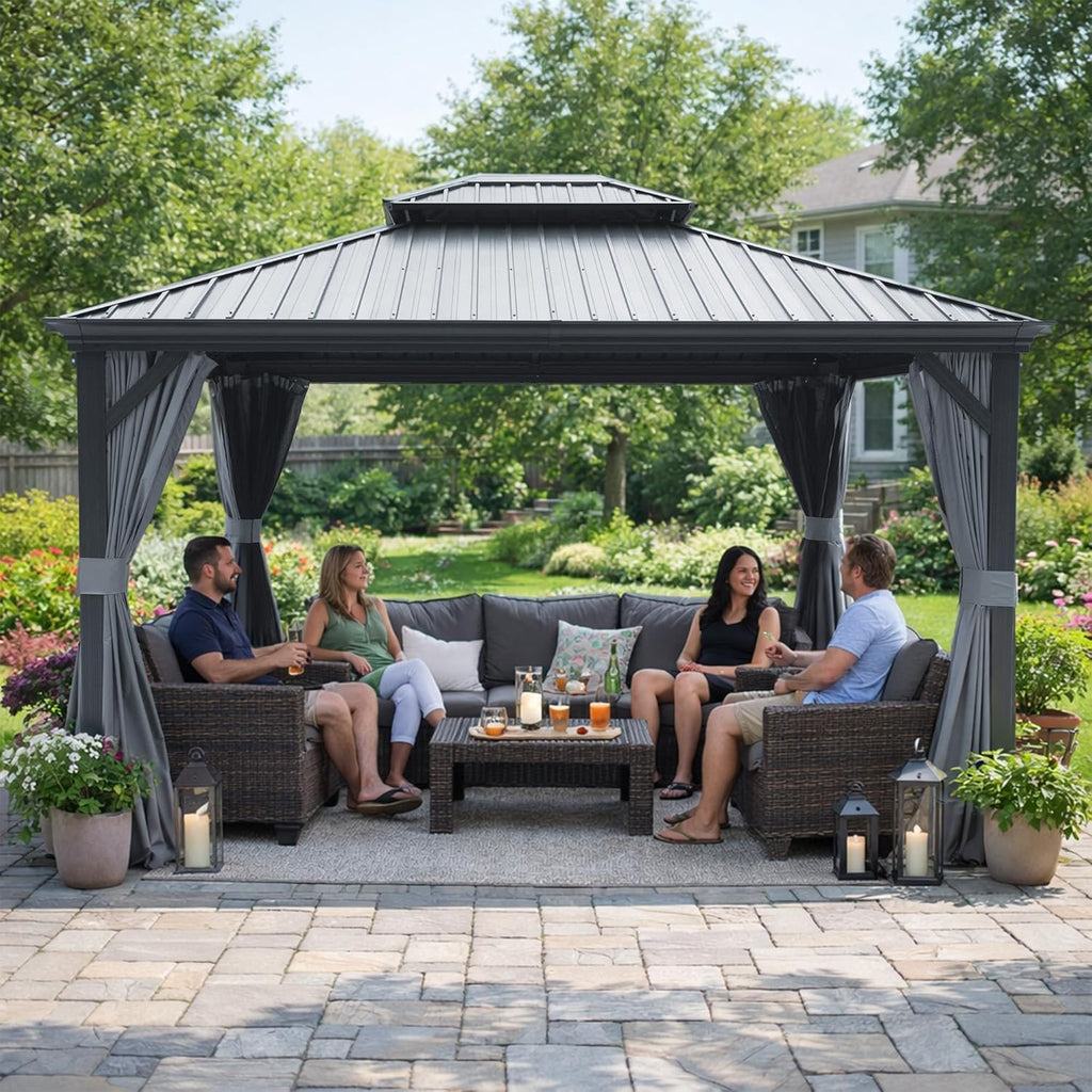 Kozyard Alexander 10' x 14' Hardtop Gazebo, Aluminum Frame with Galvanized Steel Double Roof, Outdoor Permanent Pavilion with Curtains and Netting for Patio, Backyard, Deck, Lawn (Gray)