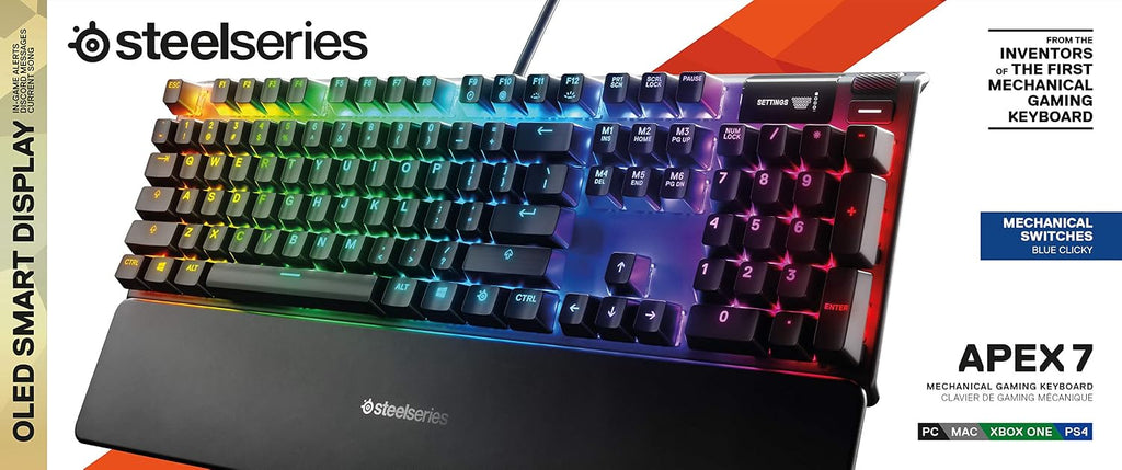 SteelSeries Apex 7 Mechanical Gaming Keyboard – OLED Smart Display – USB Passthrough and Media Controls – Tactile and Clicky – RGB Backlit (Blue Switch)
