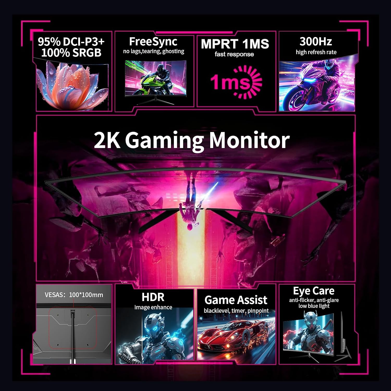ZZA 32 Inch Curved Gaming Monitor, QHD 2560x1440, Ultra 300Hz & 240Hz Refresh Rate, Computer Monitor VA Panel,1500R, 1ms, HDR, AMD FreeSync Premium, NVIDIA G-SYNC Compatible