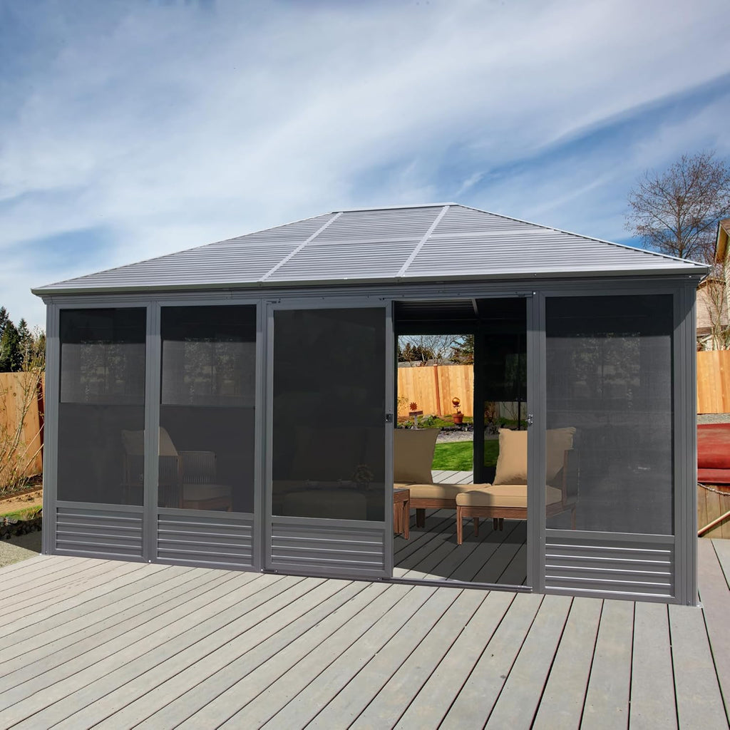 Domi 13x16.5FT Solarium Sunroom Kit, Outdoor Enclosed Patio Sunroom Gazebo with Aluminum Frame, Permanent Freestanding Hardtop Gazebo with 2 Sliding Doors (Front and Rear), Movable PVC Windows