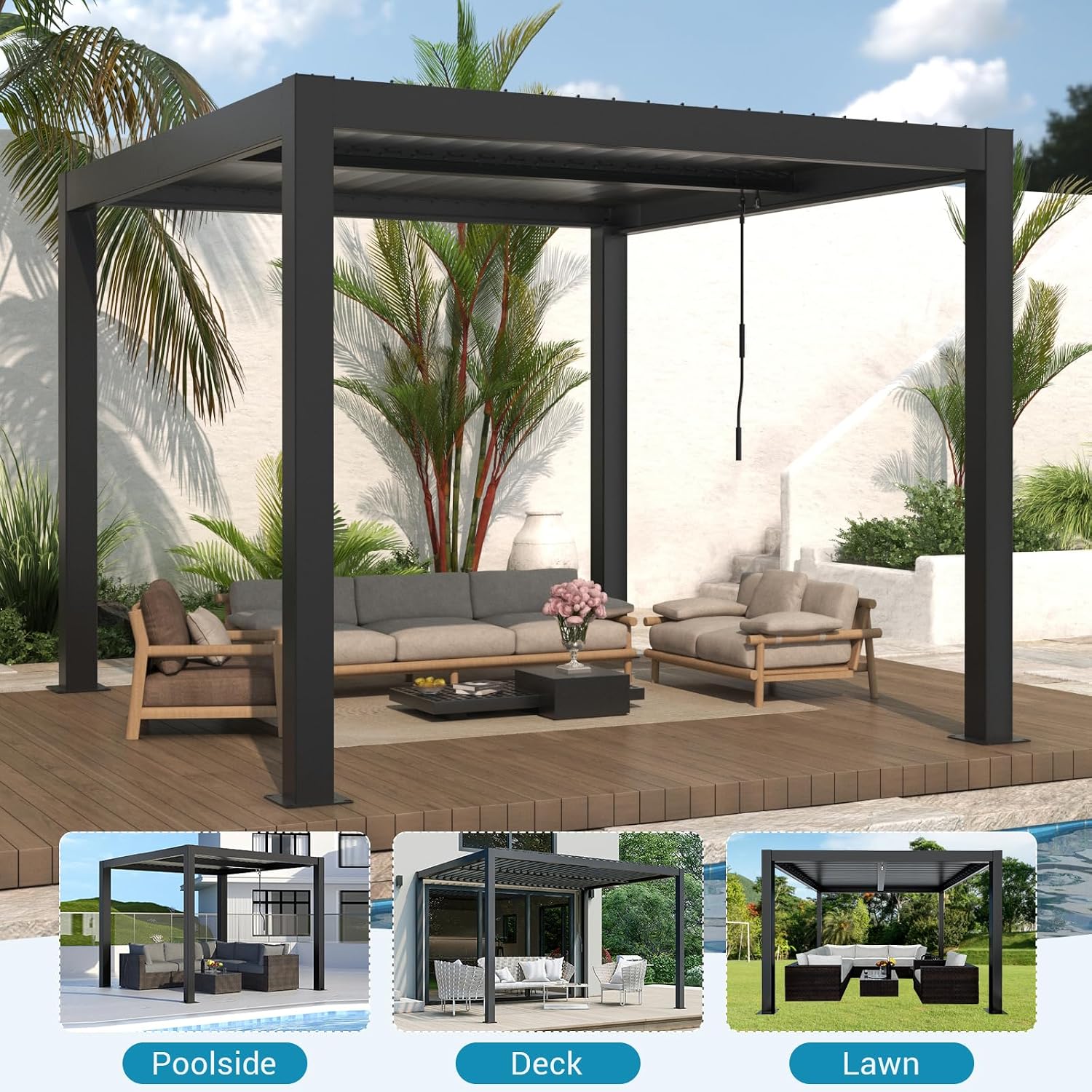 LVUYOYO Outdoor Louvered Pergola 10' x 10', Aluminum Pergola with Adjustable Roof, Waterproof Metal Gazebo for Patio, Backyard, Garden, Deck (Black)