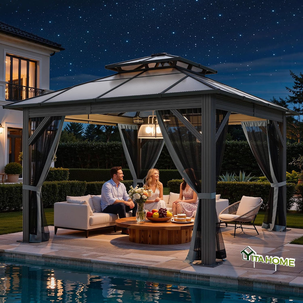 YITAHOME 10x10FT Gazebo Polycarbonate Hardtop Double Roof Canopy Outdoor with Netting and Shaded Curtains, Metal Frame Garden Tent for Patio, Backyard, Deck and Lawns, Grey