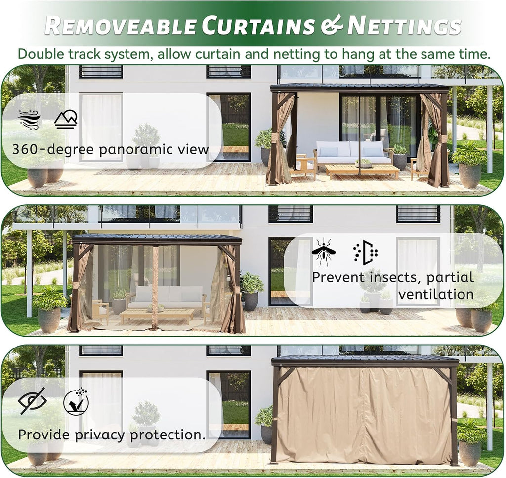 8' x 12' Lean to Gazebo, Outdoor Wall Mounted Gazebo Aluminum Frame, Hardtop Pergola with Galvanized Steel Sloping Roof for Patio Deck Garden Backyard, Curtain and Netting Included