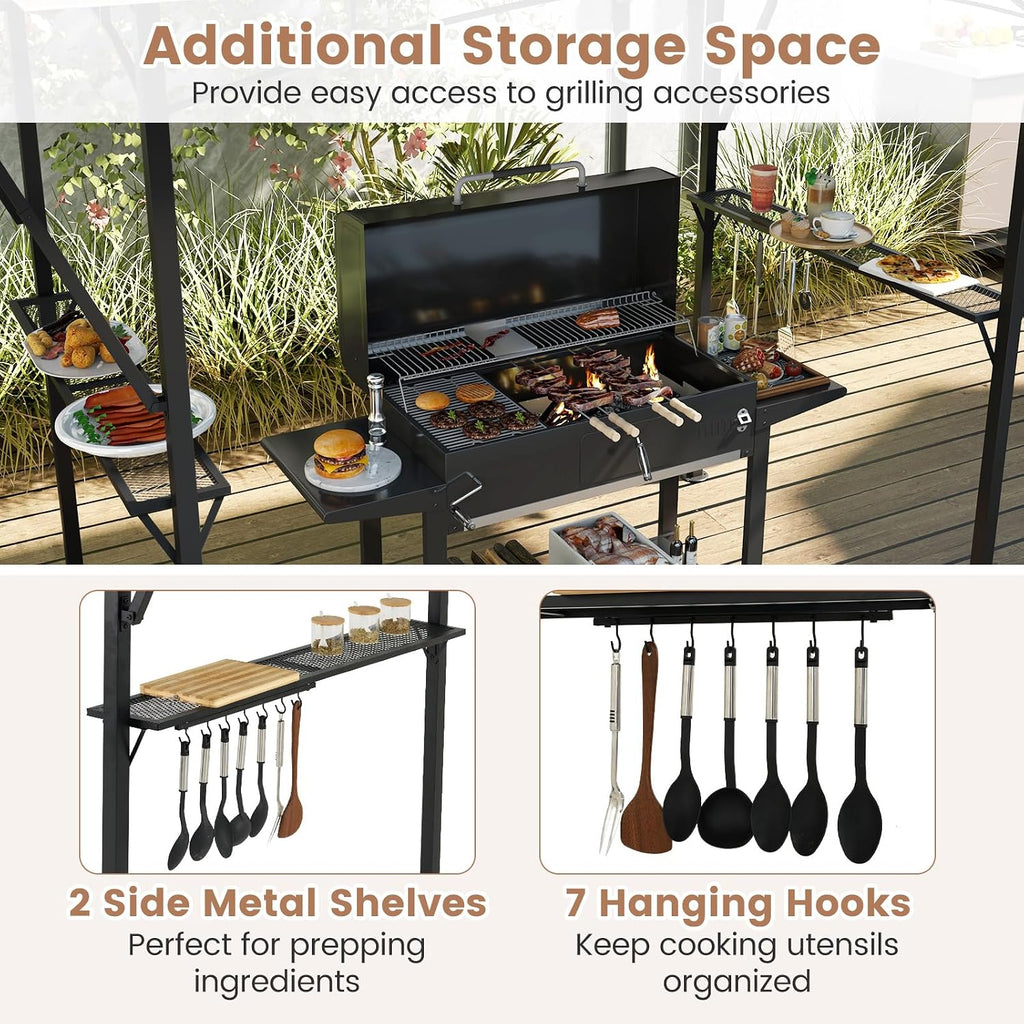 Tangkula 13x5 Ft Grill Gazebo with Dual Side Awnings, 2-Tier Barbecue Gazebo with 2 Shelves, 7 Hooks, Adjustable Shadow, Outdoor Grill Canopy for Backyard Garden Poolside (Coffee)