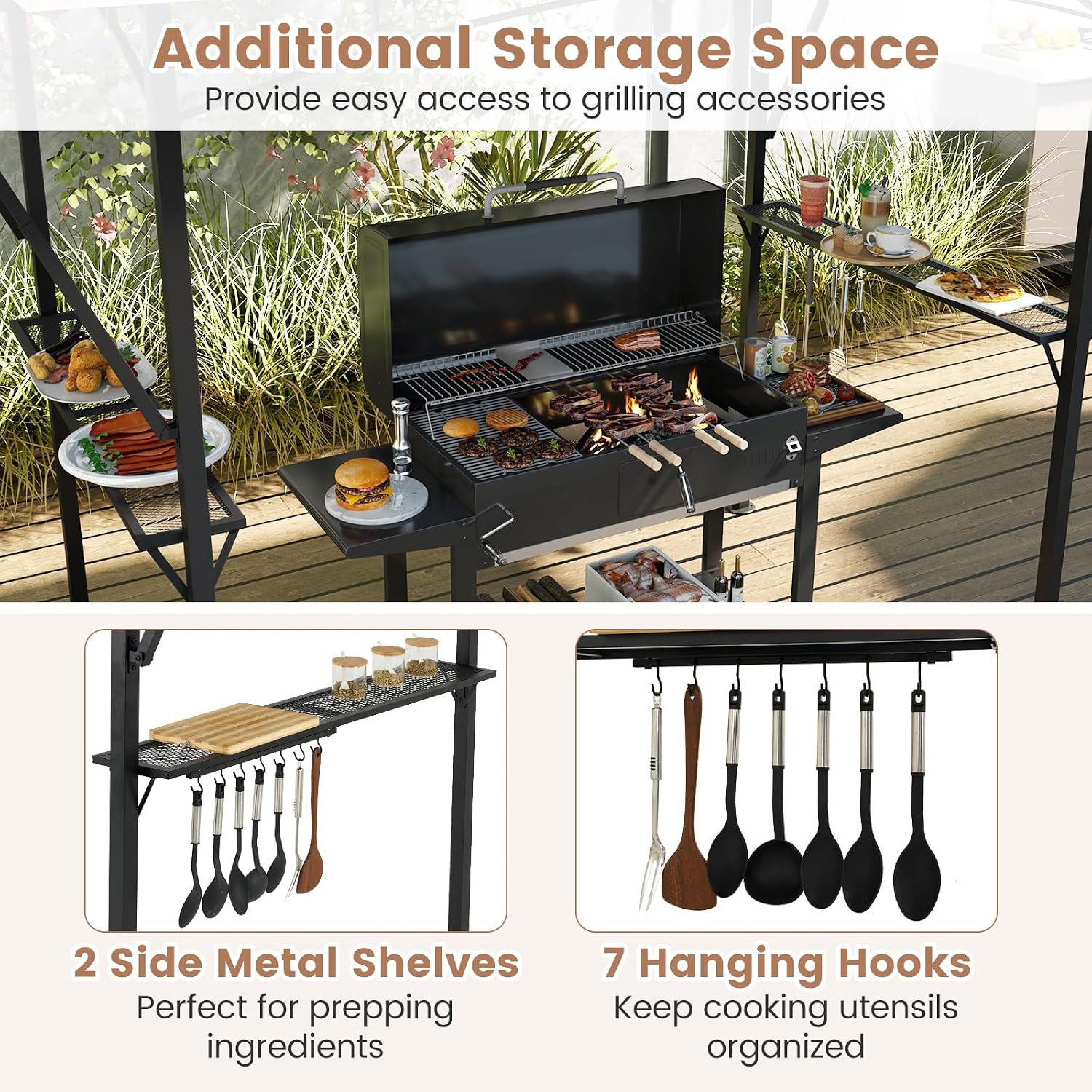 Tangkula 13x5 Ft Grill Gazebo with Dual Side Awnings, 2-Tier Barbecue Gazebo with 2 Shelves, 7 Hooks, Adjustable Shadow, Outdoor Grill Canopy for Backyard Garden Poolside (Coffee)