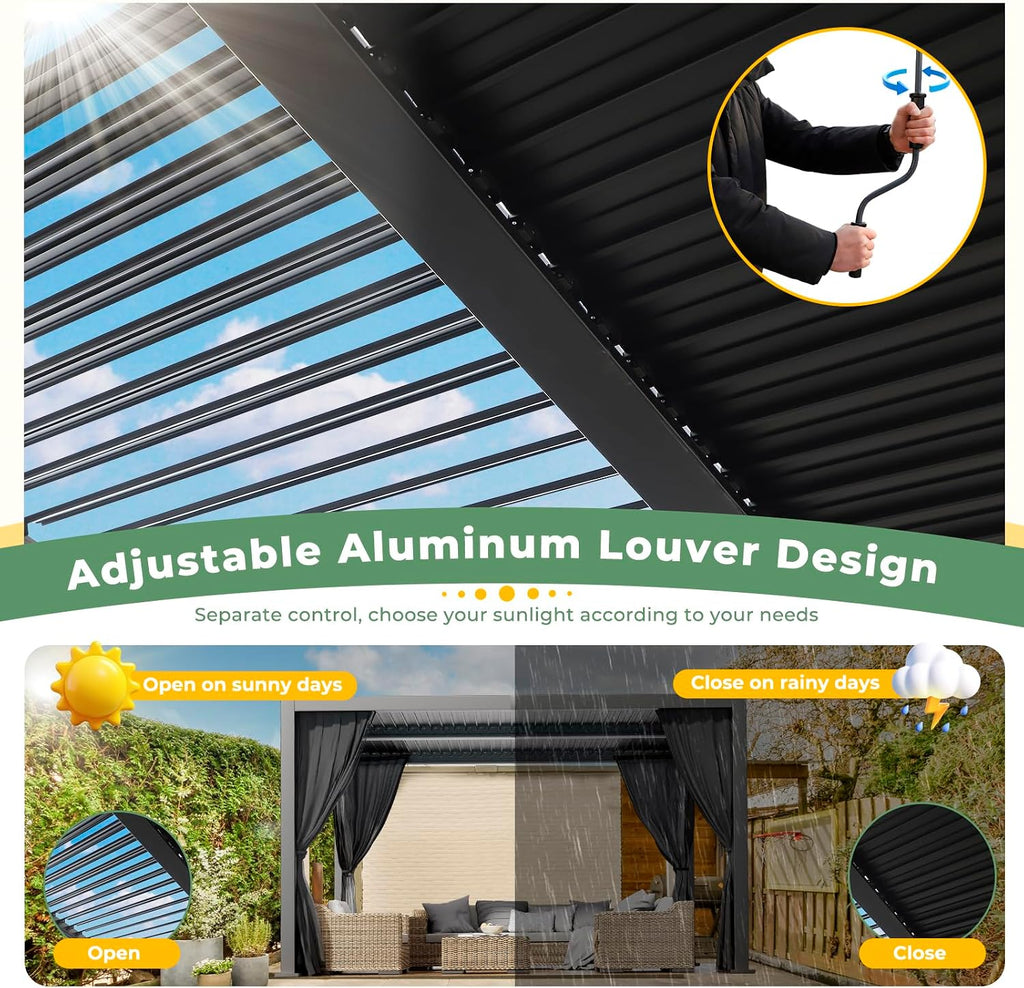 LVUYOYO 10' x 13' Outdoor Louvered Pergola, Metal Aluminum Pergola with Adjustable Roof, Waterproof Gazebo with Curtains and Netting for Patio, Backyard, Garden, Deck (Black)