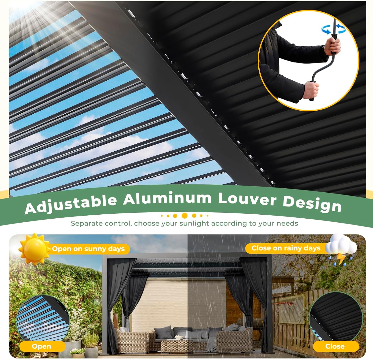 LVUYOYO 10' x 13' Outdoor Louvered Pergola, Metal Aluminum Pergola with Adjustable Roof, Waterproof Gazebo with Curtains and Netting for Patio, Backyard, Garden, Deck (Black)