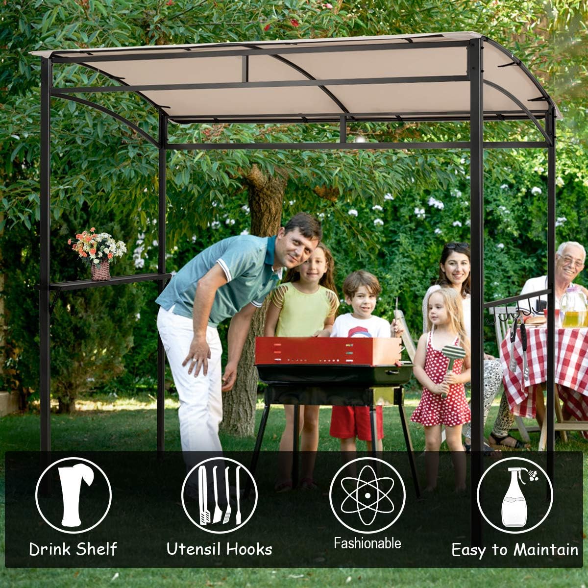 LDAILY Grill Gazebo, 7x4.4ft BBQ Canopy Shelter with Storage Shelf and Hooks, Heavy-Duty Steel Frame, Grill Pergola with Bottle Opener Notch, Small Gazebo for Backyard, Patio, Garden (Beige)