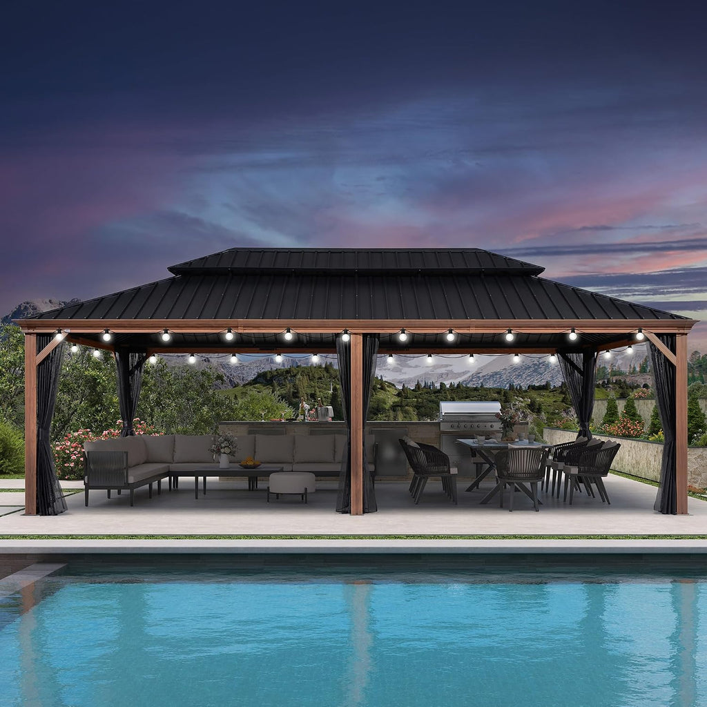 PURPLE LEAF 14' X 24' Outdoor Hardtop Gazebo for Patio Galvanized Steel Double Roof Permanent Canopy Teak Finish Coated Aluminum Frame Pavilion Gazebo with Netting and Lights