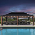 PURPLE LEAF 14' X 24' Outdoor Hardtop Gazebo for Patio Galvanized Steel Double Roof Permanent Canopy Teak Finish Coated Aluminum Frame Pavilion Gazebo with Netting and Lights