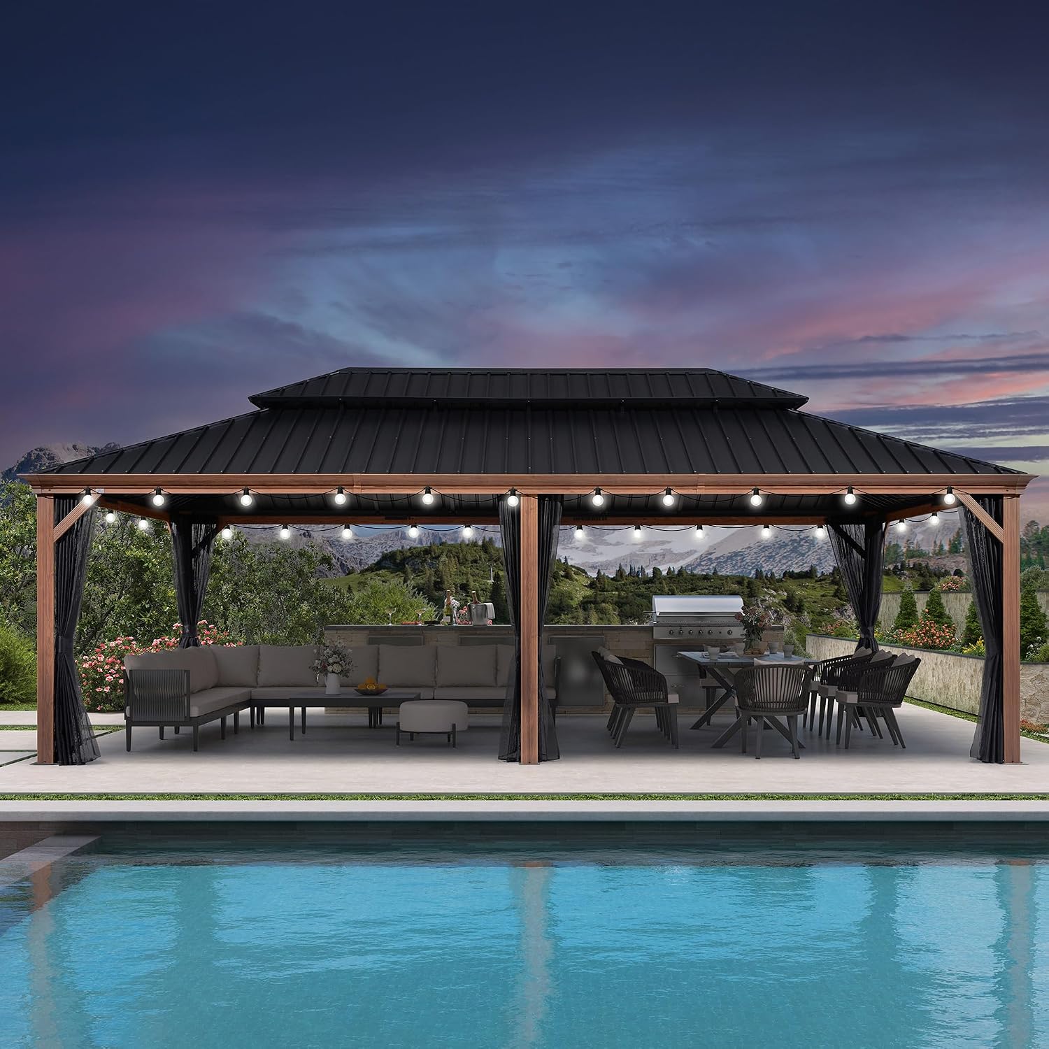 PURPLE LEAF 14' X 24' Outdoor Hardtop Gazebo for Patio Galvanized Steel Double Roof Permanent Canopy Teak Finish Coated Aluminum Frame Pavilion Gazebo with Netting and Lights
