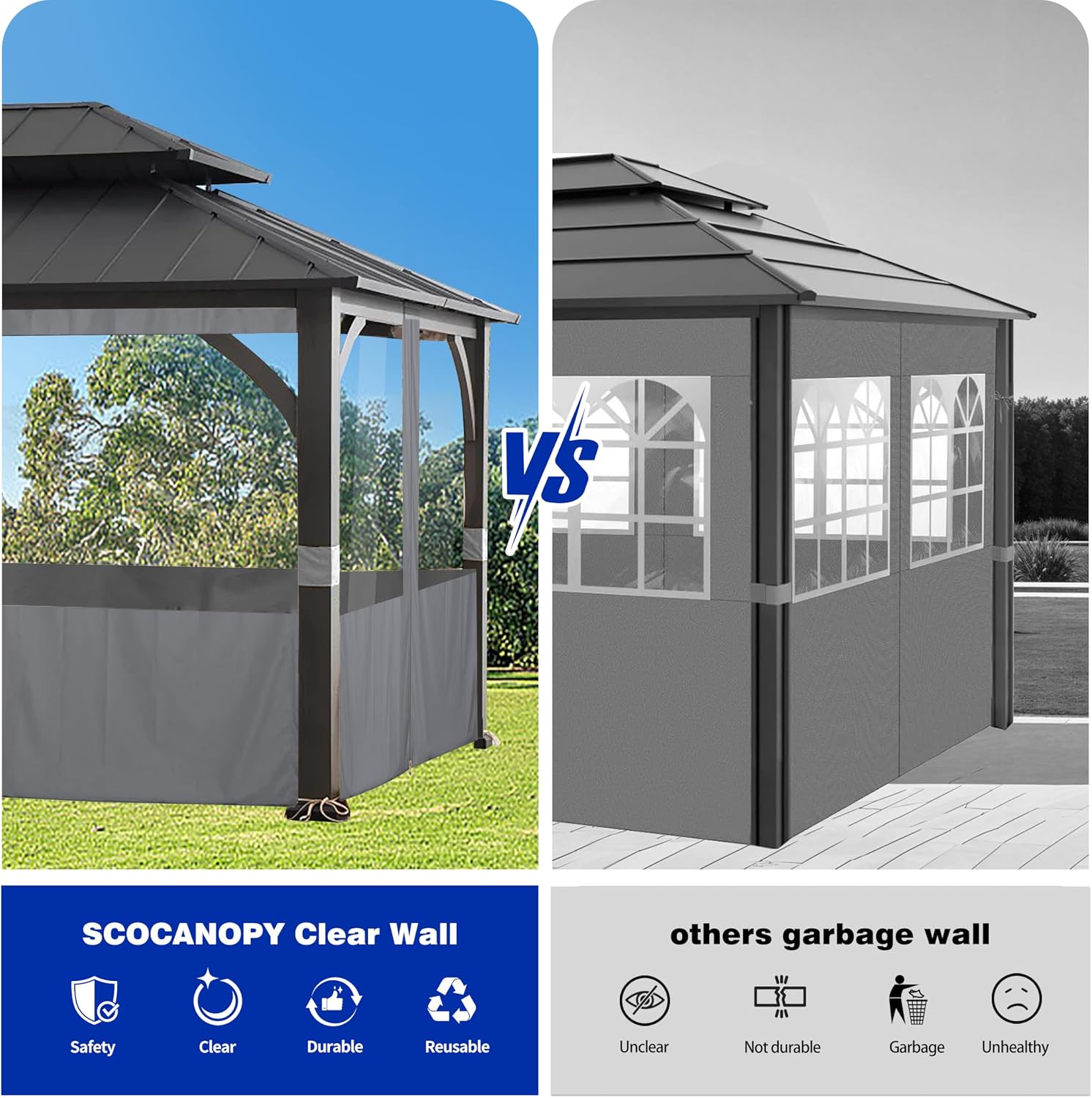 SCOCANOPY Clear Window Gazebo Privacy Curtain Set Fit for 10X12 Ft Gazebo, (Gray)