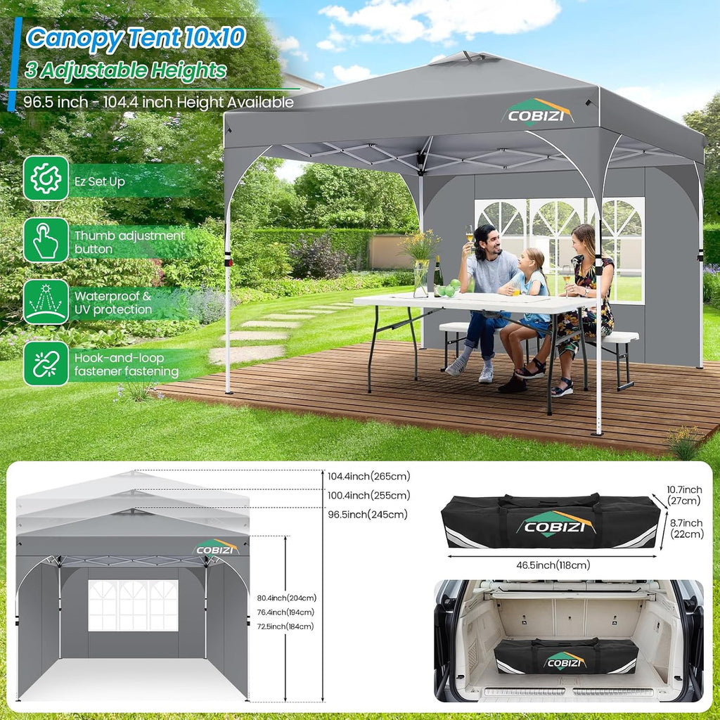COBIZI 10x10 Pop Up Canopy with 3 Removable Sidewalls, Easy Pop Up Comercial Instant Canopy with One Push Center Lock, Waterproof Canopy with Sidewalls for Event, Rope & Stakes & Sandbags, Gray