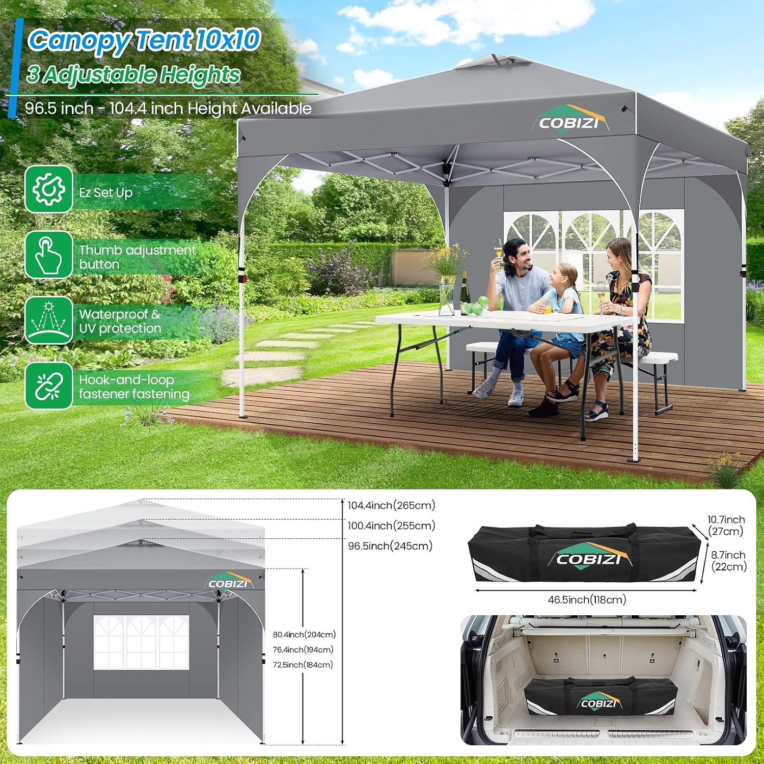 COBIZI 10x10 Pop Up Canopy with 3 Removable Sidewalls, Easy Pop Up Comercial Instant Canopy with One Push Center Lock, Waterproof Canopy with Sidewalls for Event, Rope & Stakes & Sandbags, Gray