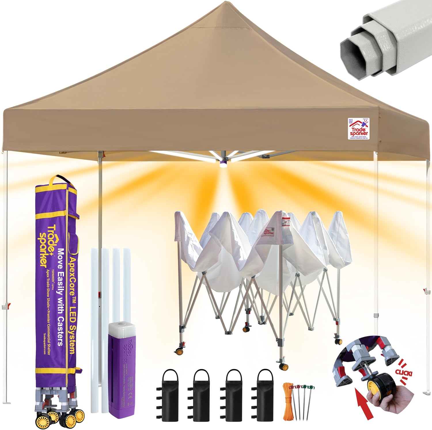 Tradesparker 10x10 Pop Up Canopy Tent,Commercial Movable Canopy with ApexCore LED&Rugged Casters-Instant Easy Setup Shelter Canopies with Weight Bags&Stakes for Outdoor Events Markets Vendors,Beige