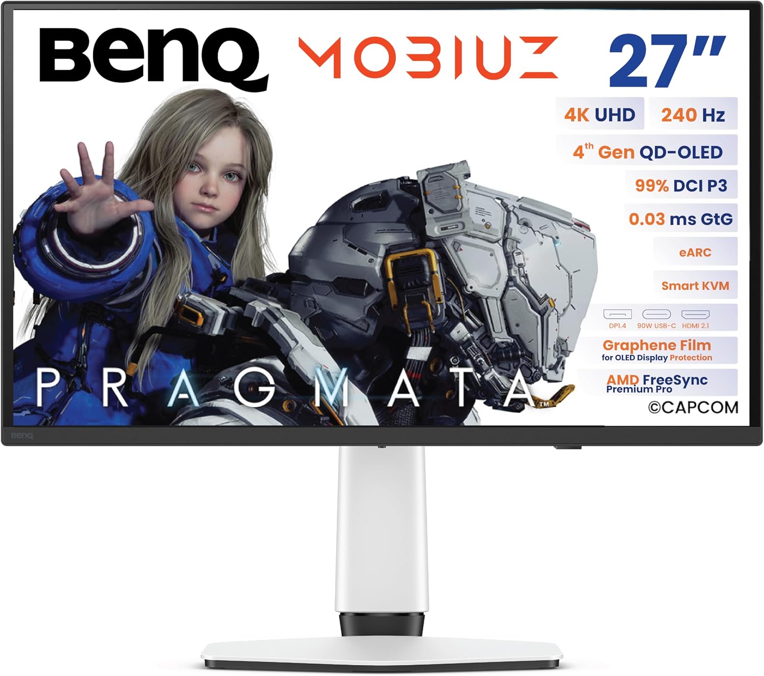BenQ MOBIUZ EX271UZ 27' 4K QD-OLED 240Hz 0.03ms HDMI 2.1, USB-C 90W Gaming Monitor, 99% DCI-P3, DisplayHDR True Black 400, FreeSync Premium Pro, Remote Controller, 3-Year OLED Burn-in Warranty