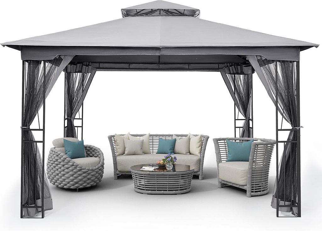 HAPPATIO 10' X 12' Outdoor Patio Gazebo, Canopy Gazebo for Garden,Yard,Patio with Ventilation Double Roof with Mosquito Netting,Gray