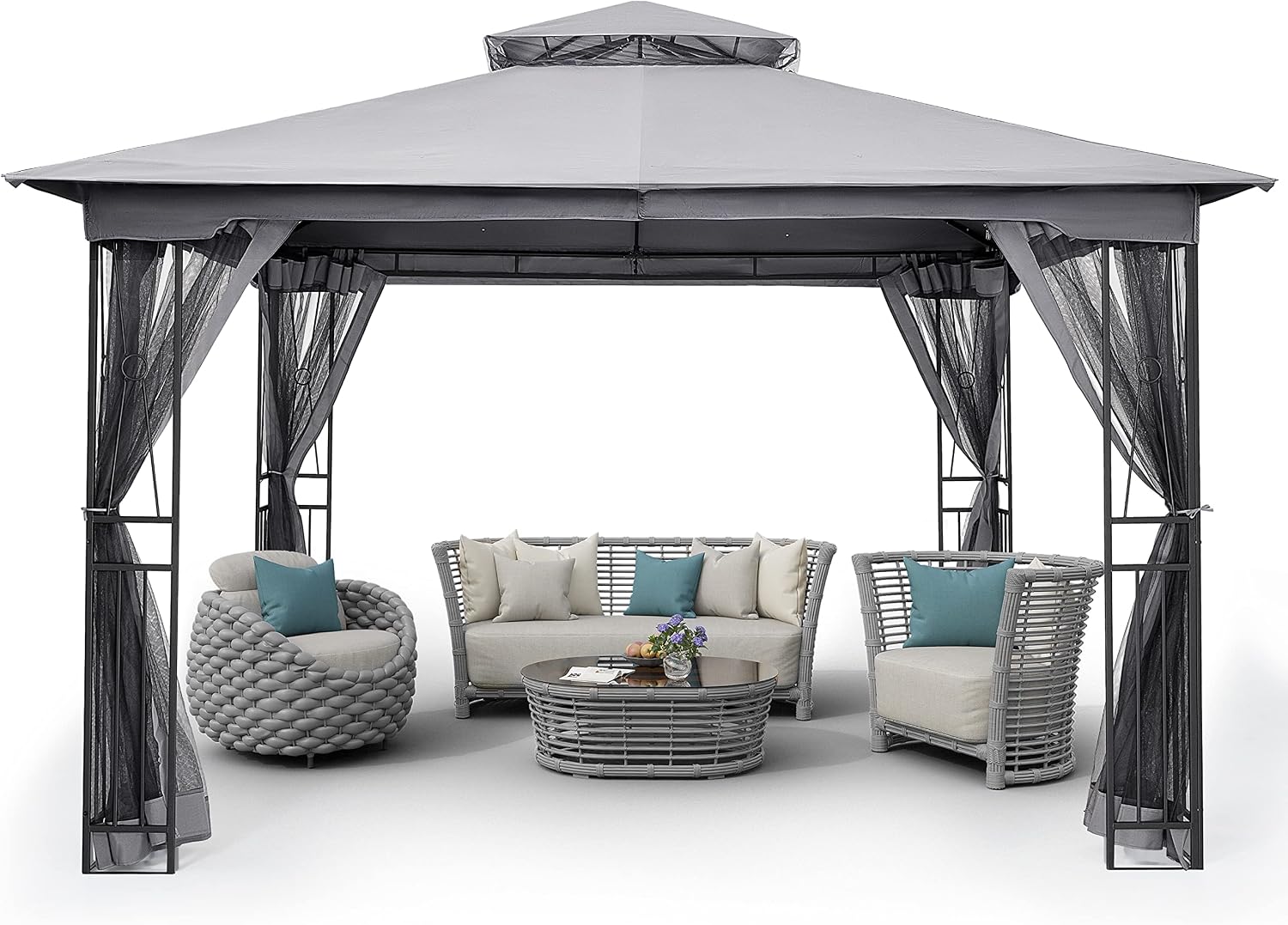 HAPPATIO 10' X 12' Outdoor Patio Gazebo, Canopy Gazebo for Garden,Yard,Patio with Ventilation Double Roof with Mosquito Netting,Gray