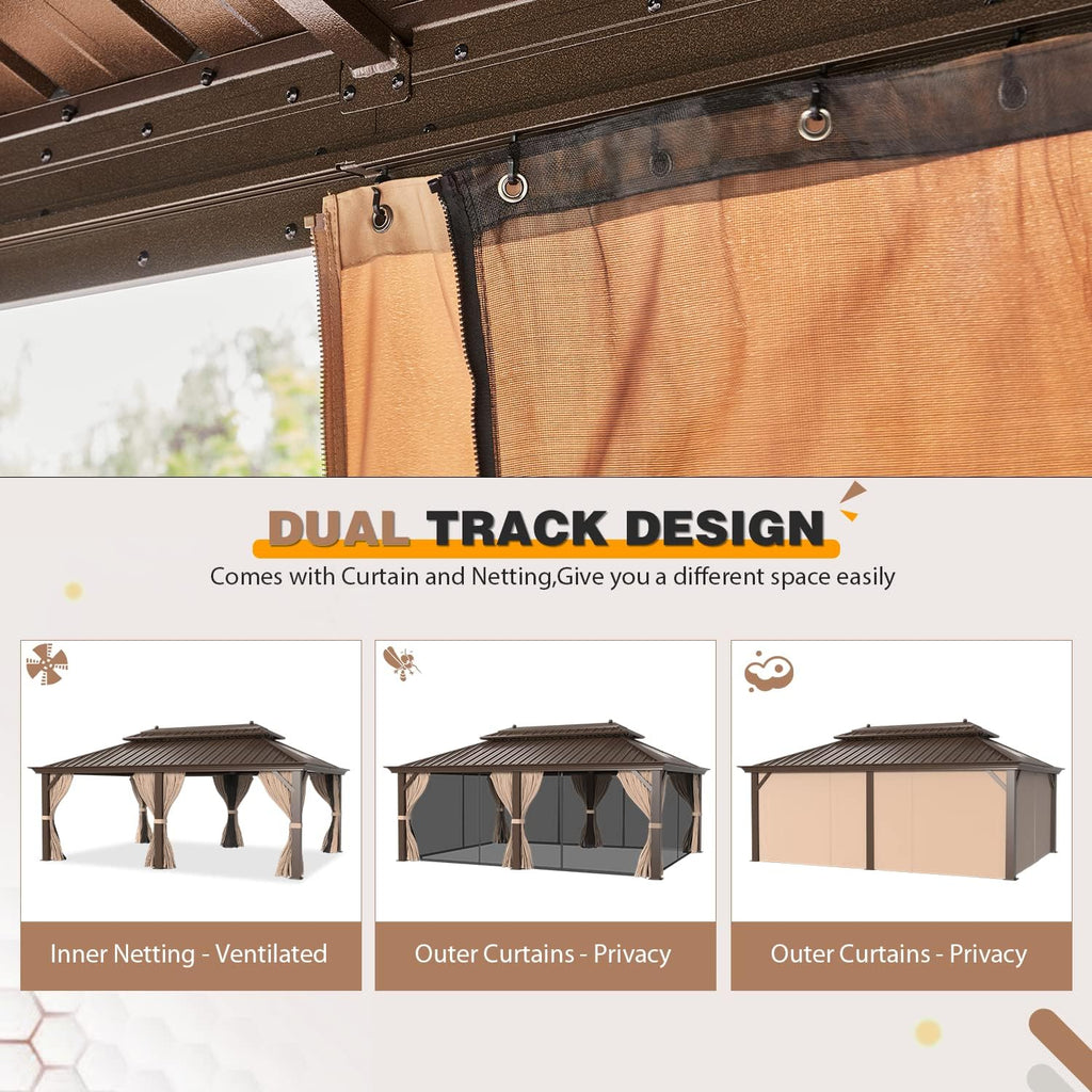 EROMMY 12'x20' Hardtop Gazebo Double Roof Galvanized Steel Canopy Outdoor Aluminum Frame Permanent Metal Pavilion with Netting and Curtains for Patio Backyard Deck and Lawns
