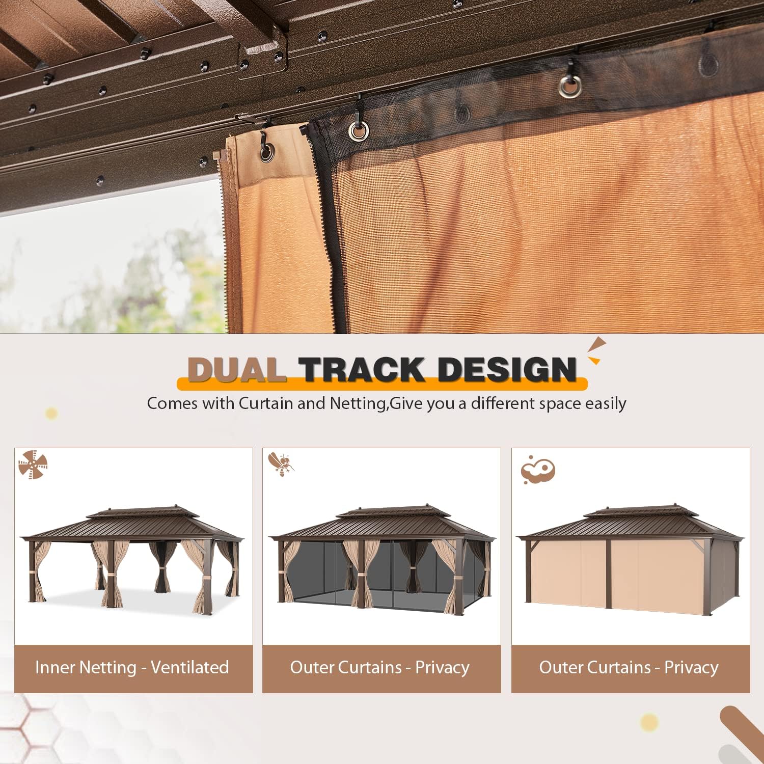 EROMMY 12'x20' Hardtop Gazebo Double Roof Galvanized Steel Canopy Outdoor Aluminum Frame Permanent Metal Pavilion with Netting and Curtains for Patio Backyard Deck and Lawns