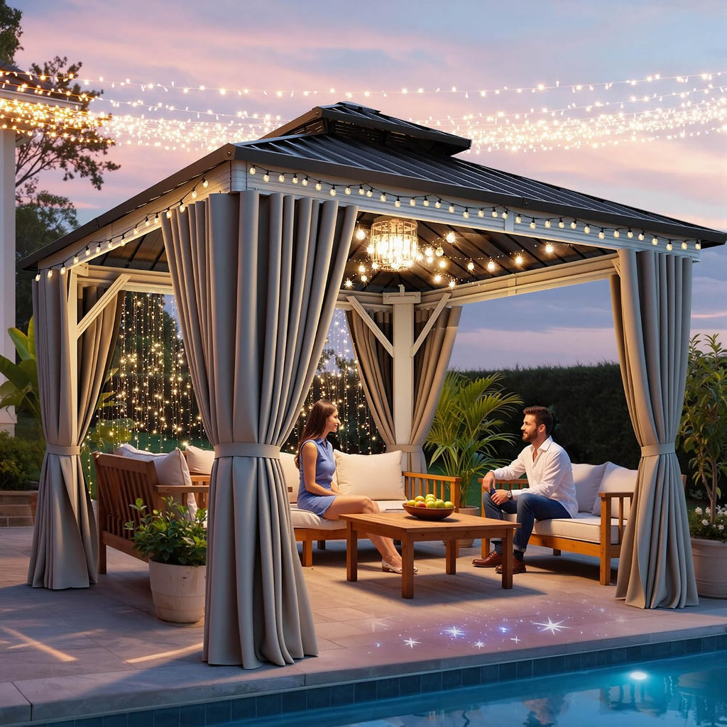YITAHOME White Gazebo 10x10ft Hardtop Double Roof Canopy Galvanized Iron Aluminum Frame Outdoor Gazebo with Netting and Shaded Curtains Garden Tent for Patio, Backyard, Deck and Lawns, Grey Curtain