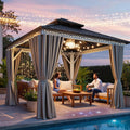 YITAHOME White Gazebo 10x10ft Hardtop Double Roof Canopy Galvanized Iron Aluminum Frame Outdoor Gazebo with Netting and Shaded Curtains Garden Tent for Patio, Backyard, Deck and Lawns, Grey Curtain