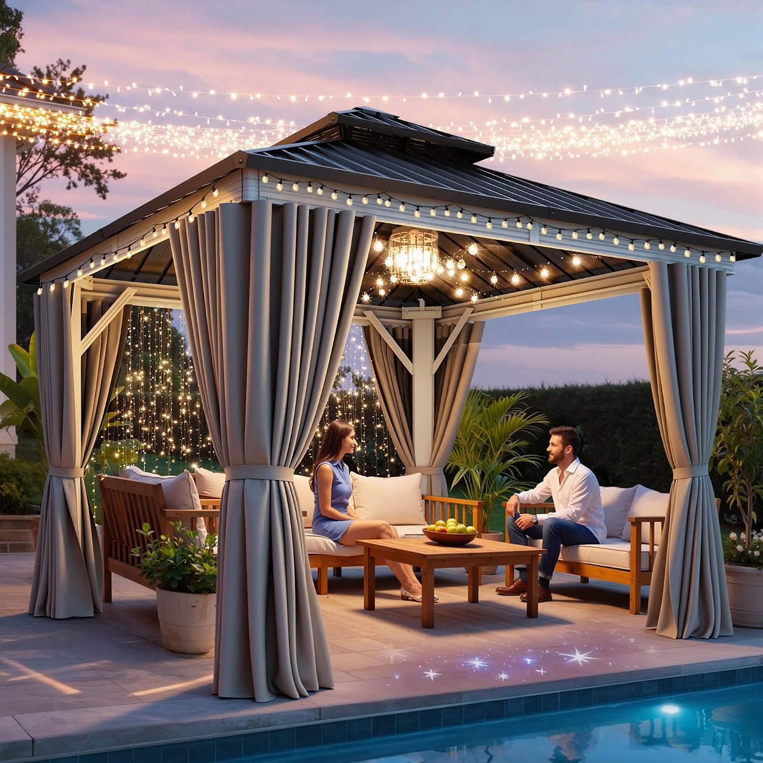 YITAHOME White Gazebo 10x10ft Hardtop Double Roof Canopy Galvanized Iron Aluminum Frame Outdoor Gazebo with Netting and Shaded Curtains Garden Tent for Patio, Backyard, Deck and Lawns, Grey Curtain