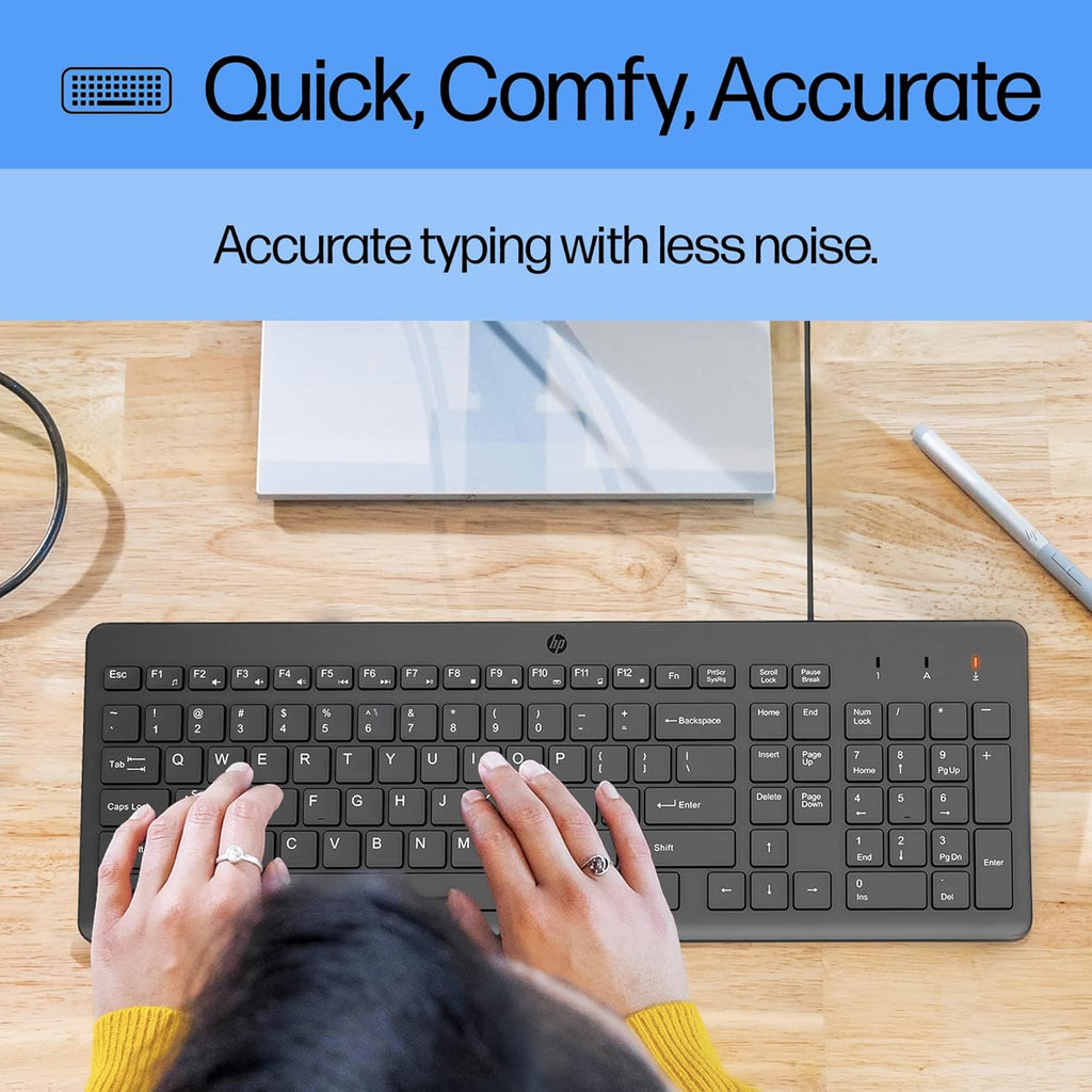 HP 150 Wired Keyboard-Full-Sized, Keyboard with Numeric Keypad-Silent-Touch Chiclet Keyboard - Ergonomic,Comfortable Design-USB Plug-and-Play Connectivity, LED Indicators (664R5AA, Black) (Pack of 10)