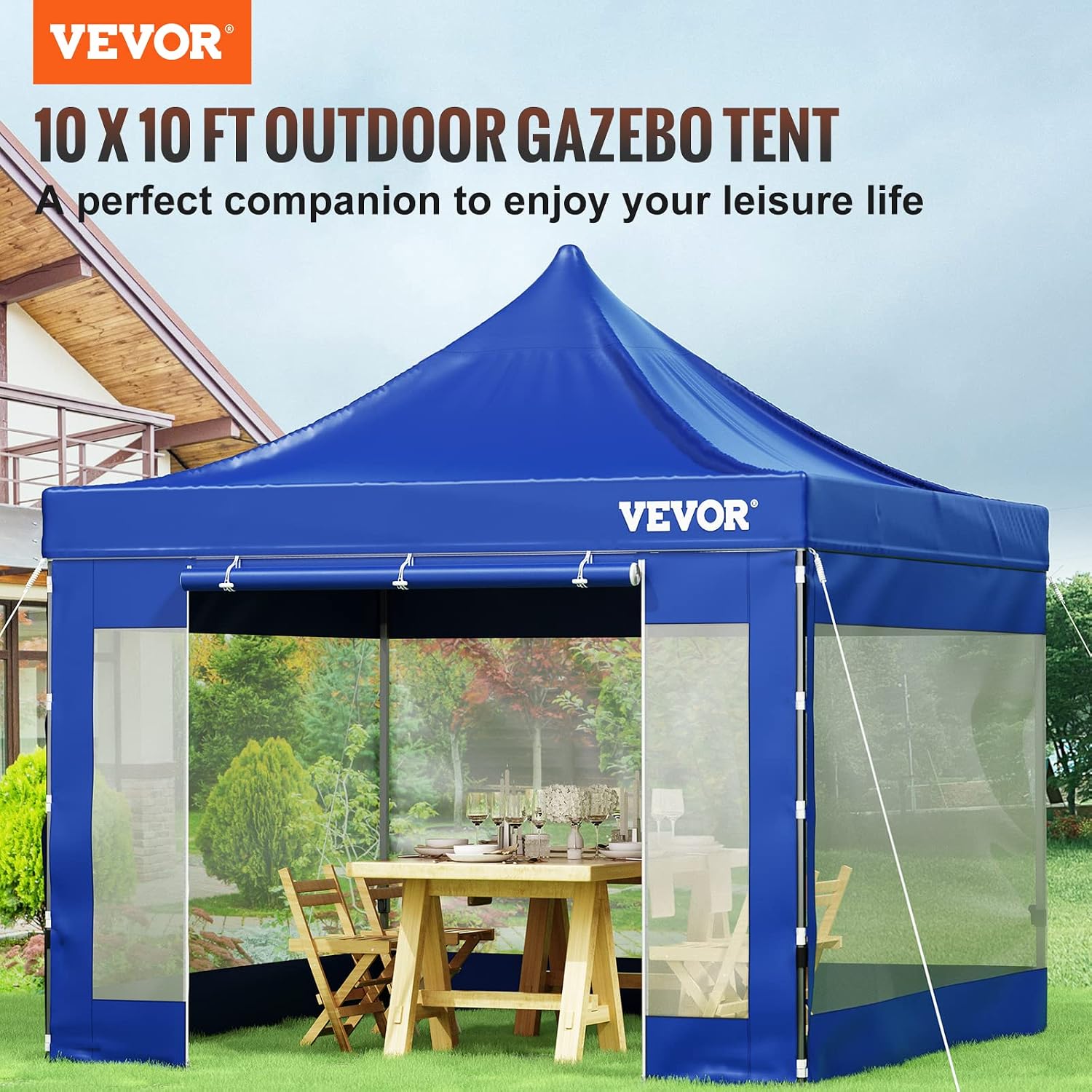 VEVOR 10x10 FT Pop up Canopy with Removable Sidewalls, Waterproof Winter Instant Canopies, Portable Gazebo Tent with Wheeled Bag, UV Resistant Enclosed Canopy for All-Weather Outdoor Events Blue