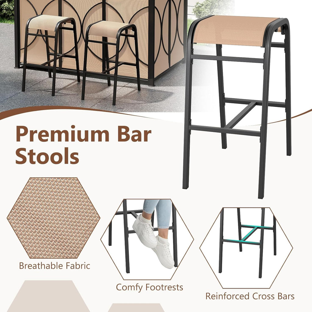 Tangkula 6.5 x 4 x 8 FT Grill Gazebo Set, 3-Piece Patio Bar Set with 2 Bar Stools, Tempered Glass Bar Table, 2-Tier Slatted Metal Shelves, Double Roof Design, BBQ Gazebo Shelter for Patio (Brown)